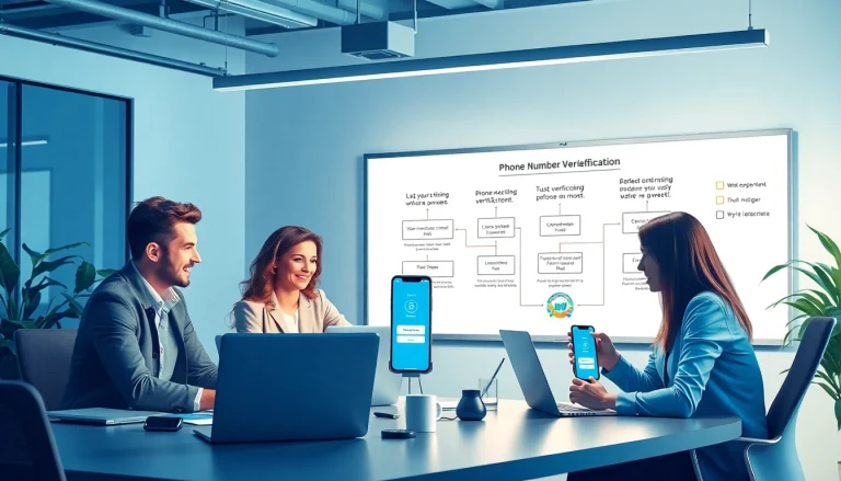 Représentation visuelle des processus de vérification des numéros de téléphone dans un bureau professionnel, mettant en valeur la technologie et le travail d’équipe.