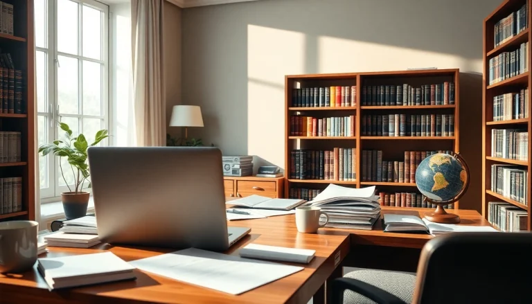 Traducteur professionnel au travail avec des documents et de la technologie, traducteur agréé dans un cadre de bureau serein.