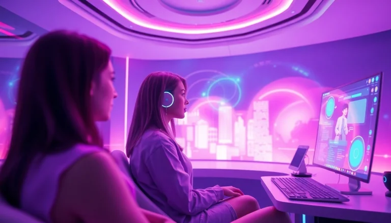 Engaging in sexy ai chat with futuristic virtual chatbots in a vibrant digital environment.