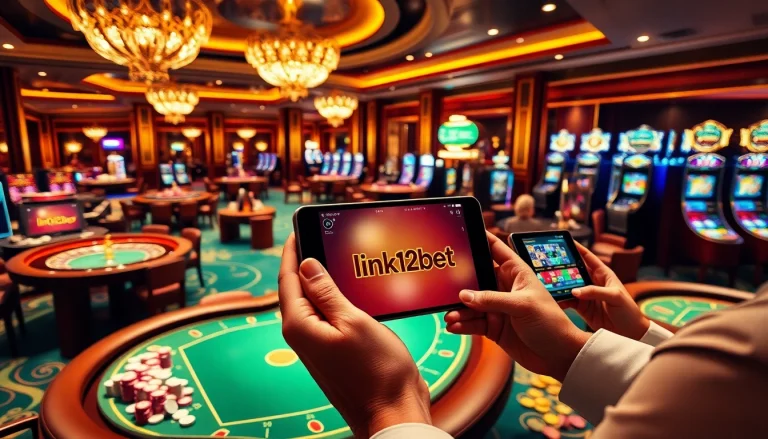 Engage with the link 12bet interface amidst a vibrant casino atmosphere filled with joyous players.