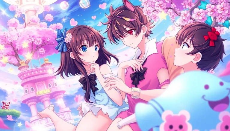 Anime sex illustration with vibrant characters in a romantic fantasy setting.