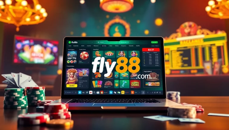 Engaging online gaming interface showcasing fly88.com with casino games and vibrant colors.