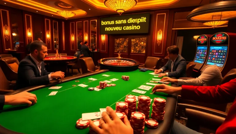 Engaging scene of a poker game and roulette showcasing bonus sans dépôt nouveau casino excitement.