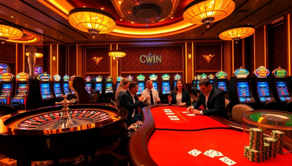 Experience the thrill of Cwin as players celebrate wins at a luxurious casino.
