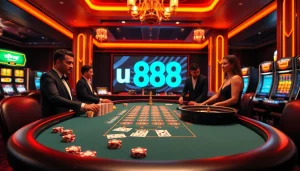 Exciting gambling action at a luxury casino with u 888 branding and vibrant gaming elements.