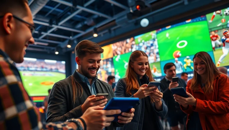 Parier sur un site de paris sportifs moderne avec des utilisateurs engagés sur des appareils numériques.