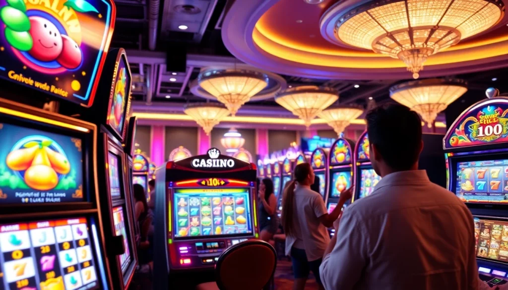 Jouer aux machines à sous en ligne argent réel dans un casino coloré et animé.