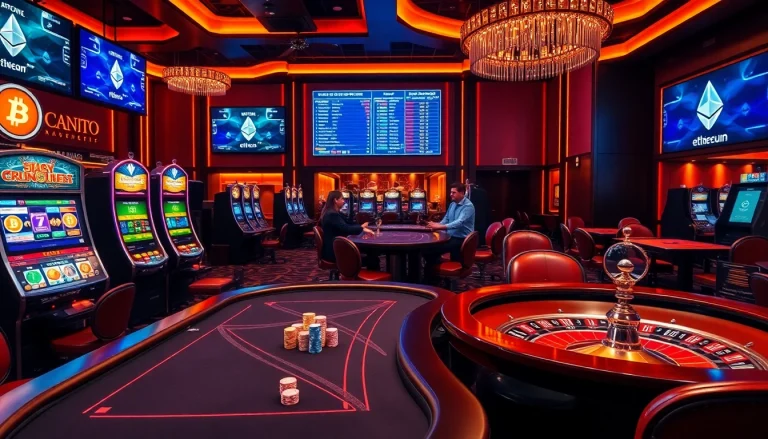 Vivez l'excitation du casino en crypto avec des tables de jeu dynamiques et des écrans numériques affichant des paris en crypto.