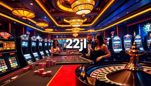 Gamblers enjoying thrilling games and vibrant slot machines in an upscale casino, highlighting 22jl excitement.
