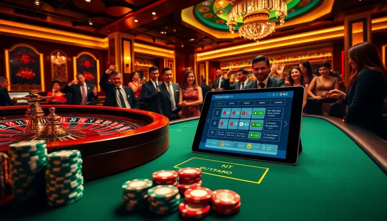 Engaging scene of players enjoying mm88 kjc with poker chips and roulette wheel in a luxurious casino.