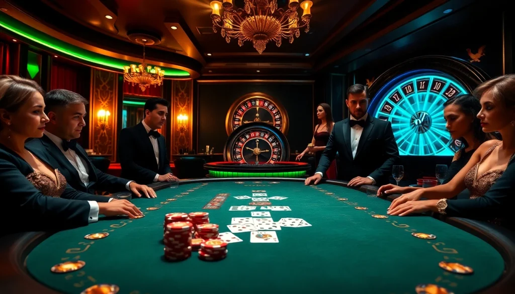 Experience the thrill of the meilleur casino en ligne pour les francais with a luxurious poker scene featuring elegant players and vibrant casino elements.