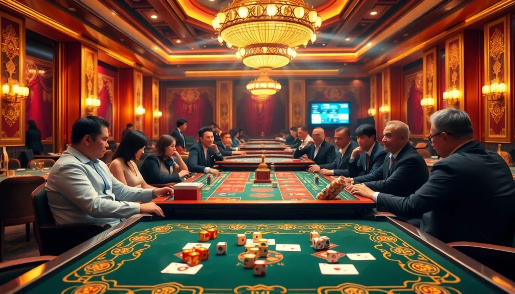 Experience the thrill of tai xiu online with lively gameplay and colorful dice at a casino table.