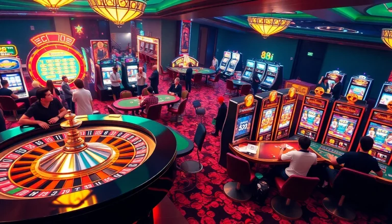 Players enjoying various casino games while experiencing the thrill of 88i with vibrant slot machines and poker tables.