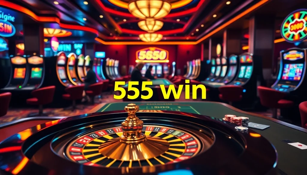 Experience the thrill of 555 win with vibrant casino lights and exciting gaming elements.