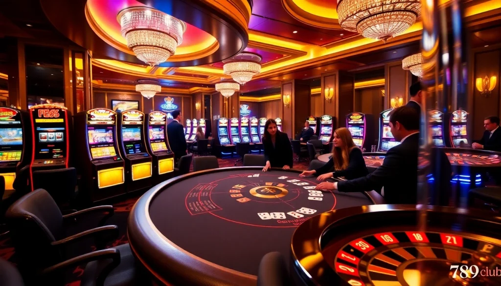 Players enjoy a thrilling game at 789 club, surrounded by vibrant slot machines and poker tables.