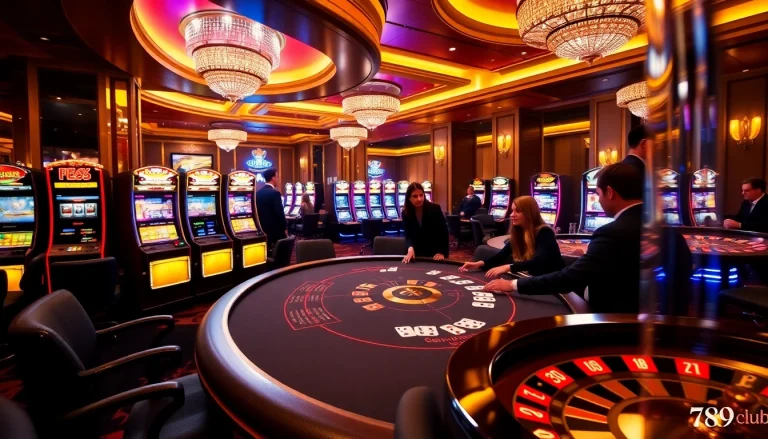 Players enjoy a thrilling game at 789 club, surrounded by vibrant slot machines and poker tables.