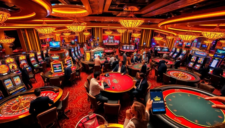 Crown88 players enjoying the thrill of live casino games at a luxurious gambling venue.
