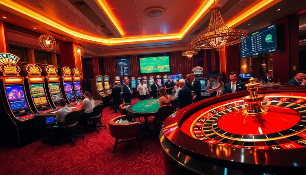 Engaging gamblers at a luxurious casino environment featuring https://f8bet.ventures/ elements like slot machines and poker tables.