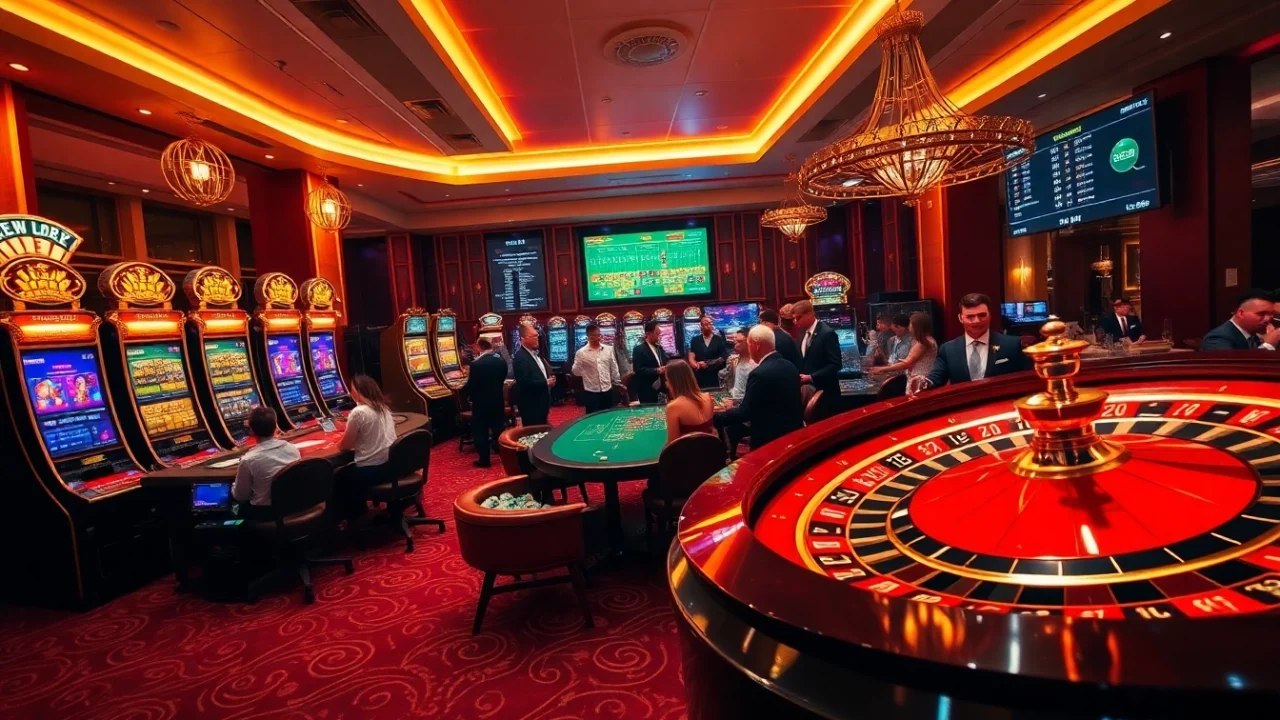 Engaging gamblers at a luxurious casino environment featuring https://f8bet.ventures/ elements like slot machines and poker tables.