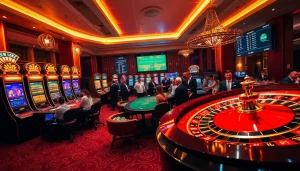 Engaging gamblers at a luxurious casino environment featuring https://f8bet.ventures/ elements like slot machines and poker tables.