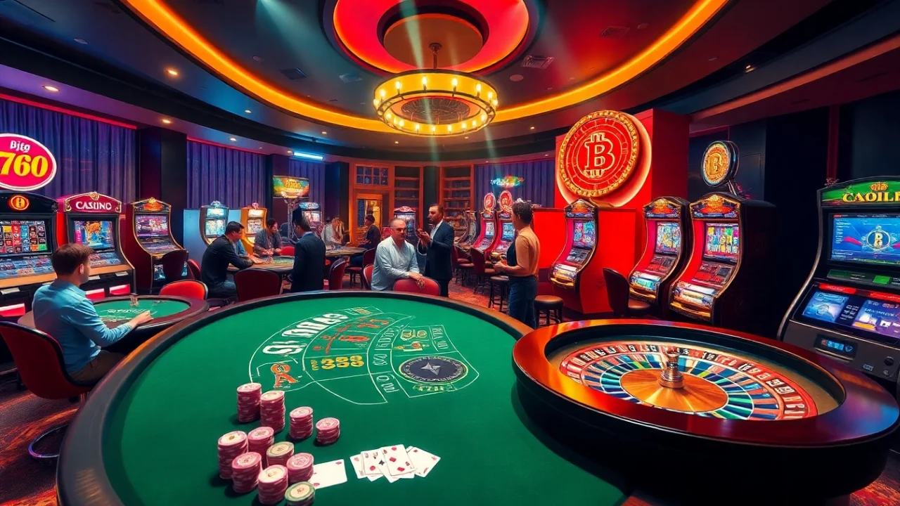 Exciting scene of a casino en crypto with poker, roulette, and modern slot machines.