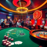 Exciting scene of a casino en crypto with poker, roulette, and modern slot machines.