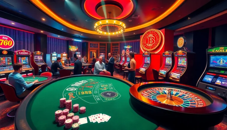 Exciting scene of a casino en crypto with poker, roulette, and modern slot machines.