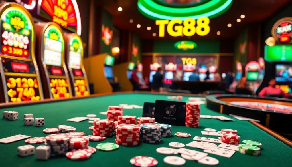 Excited players enjoying a TG88.com gaming experience at a casino table with colorful poker chips and cards.