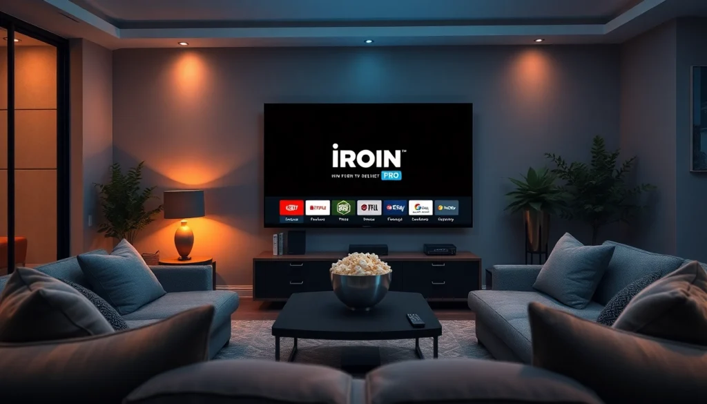 Iron tv pro displayed on a modern flat-screen TV in a cozy living room.