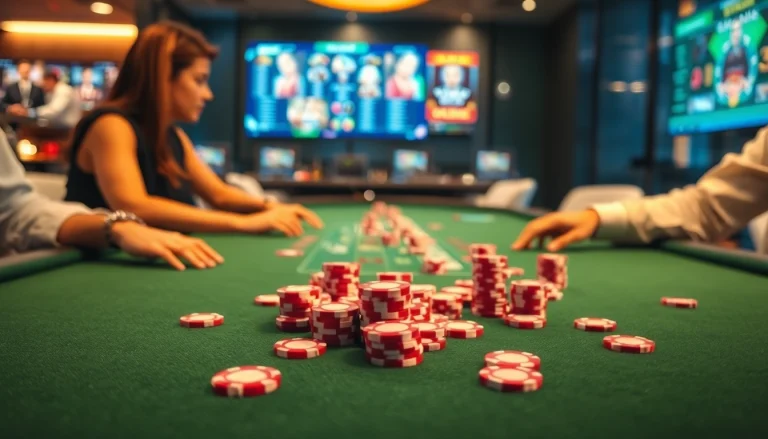 Joueurs de casino en ligne français absorbés dans une partie de blackjack avec des jetons colorés.