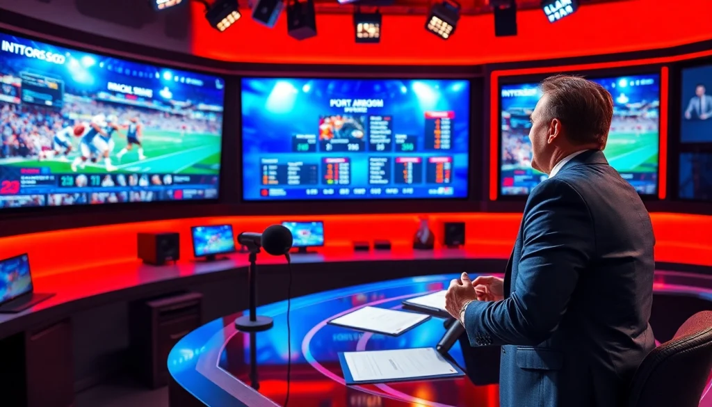 Engaging sports broadcasting scene featuring a lively anchor in a professional studio.