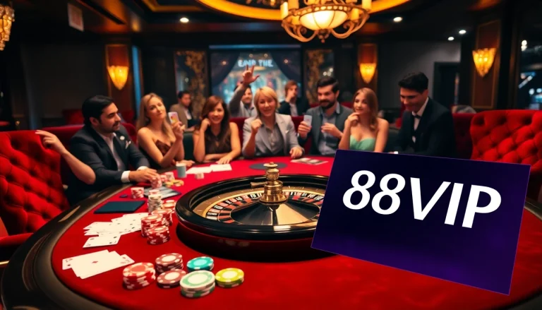 Experience thrilling gameplay at 68VIP with poker chips and a roulette wheel in a vibrant casino setting.