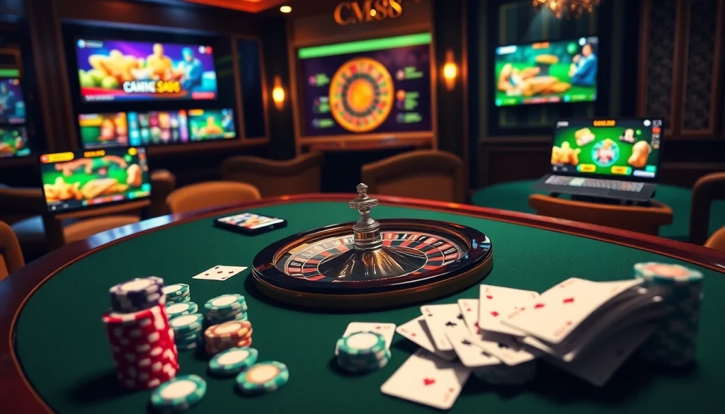 Experience thrilling gaming at CM88 with vibrant roulette, poker chips, and dynamic online interfaces.