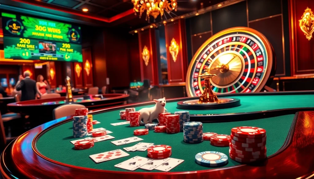 Capture the thrilling atmosphere of QQ88COM with players celebrating wins at a vibrant casino table.
