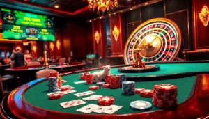 Capture the thrilling atmosphere of QQ88COM with players celebrating wins at a vibrant casino table.