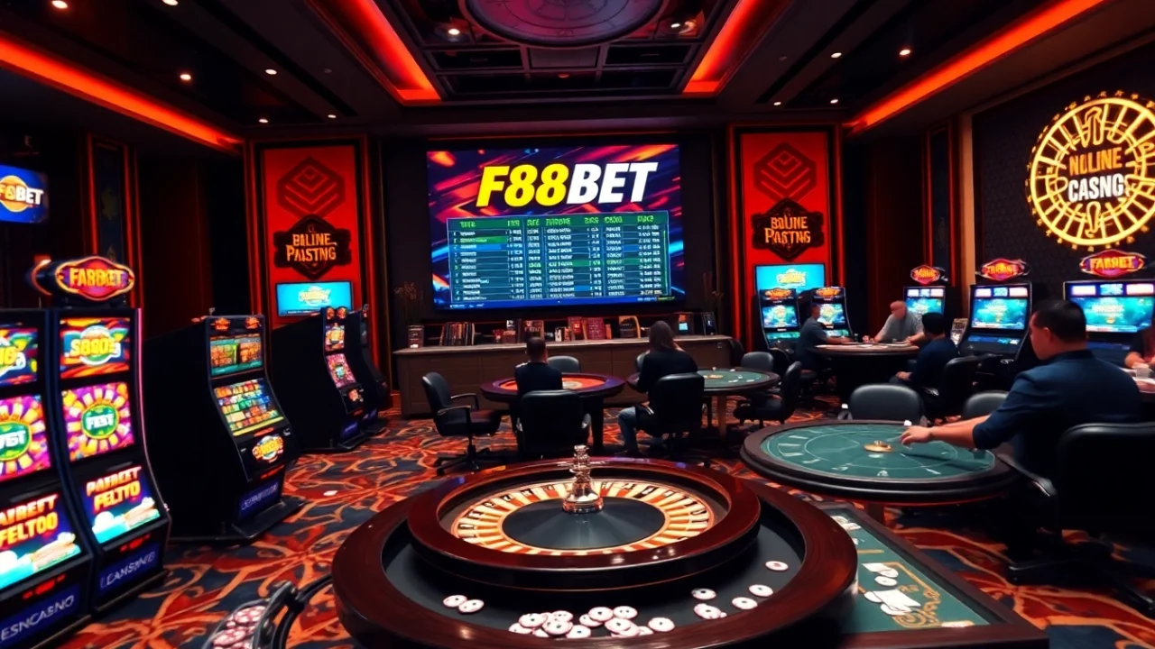 F88BET players engaging in thrilling casino games with vibrant slot machines and roulette.