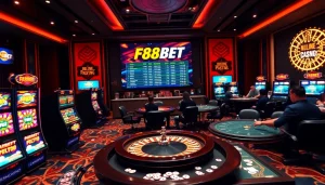 F88BET players engaging in thrilling casino games with vibrant slot machines and roulette.