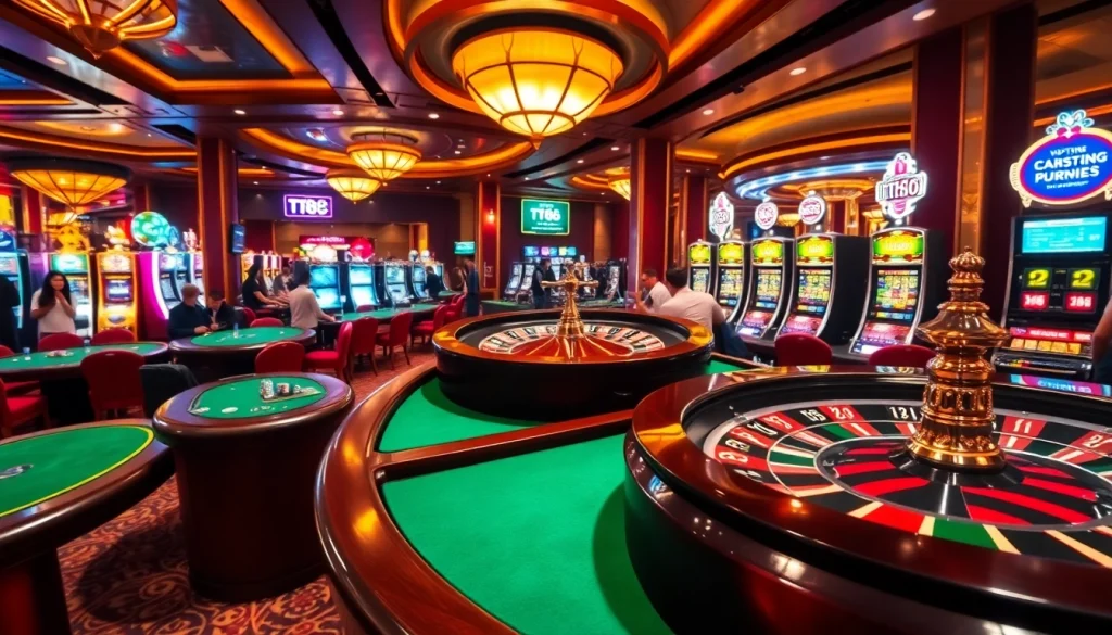 TT88 gamers enjoying thrilling action at vibrant casino tables with slot machines and roulette.