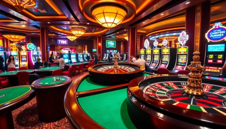 TT88 gamers enjoying thrilling action at vibrant casino tables with slot machines and roulette.