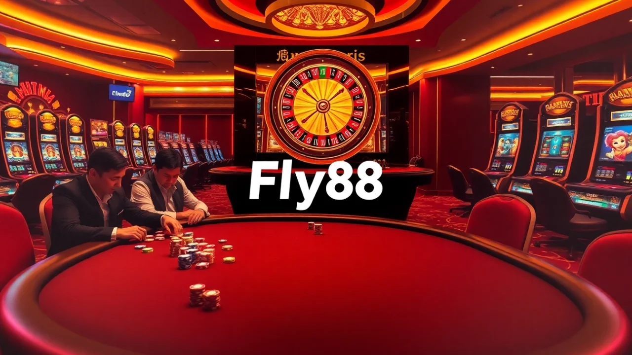 Experience the thrill of Fly88 at a vibrant poker table, featuring lively gameplay and luxurious casino elements.