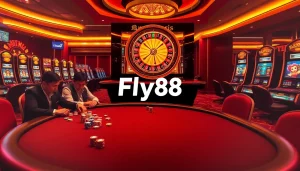 Experience the thrill of Fly88 at a vibrant poker table, featuring lively gameplay and luxurious casino elements.