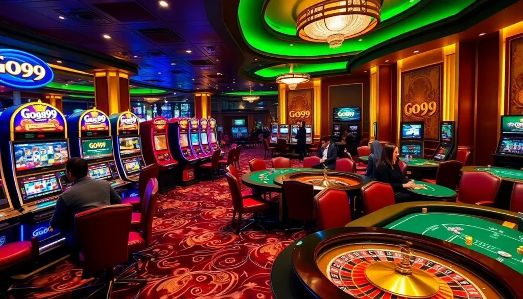 Go99 players enjoying high-stakes gambling at luxurious tables in an upscale casino.