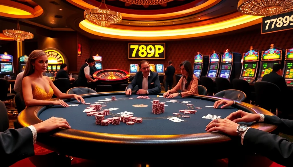 Players engage in exciting games at the luxurious 789P casino, showcasing poker and slot machines.